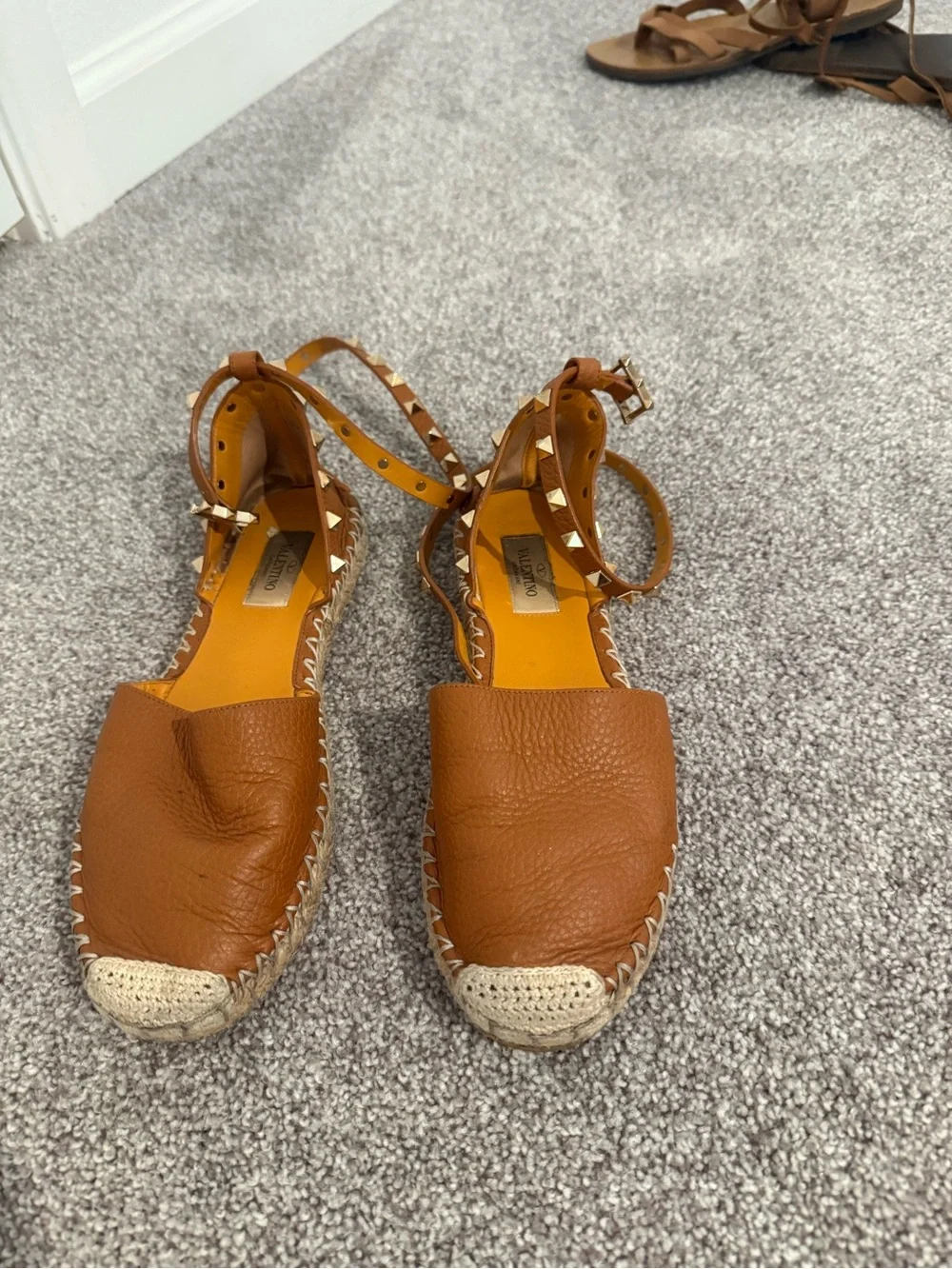 Valentino Tan Leather Espadrille Sandals with Gold Studs